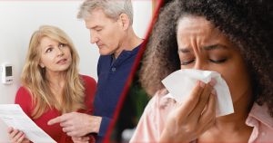 Couple reviewing energy bills and woman suffering from allergies, illustrating financial and health impacts of HVAC inefficiencies and poor indoor air quality.