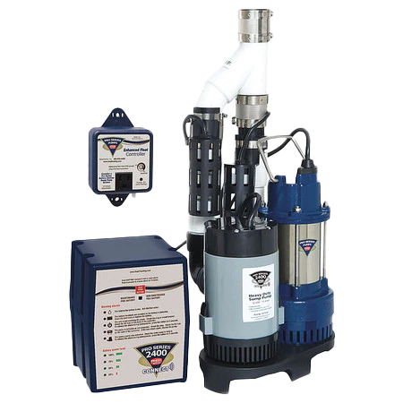 Battery backup sump pump system with dual pumps and control panel, designed for home protection against flooding and water damage.