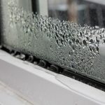 Condensation on a window showing droplets and frame, related to HVAC maintenance and home care tips by Cardinal Heating.