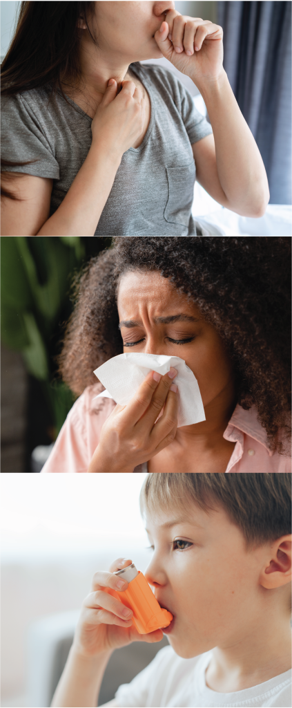 A woman coughing and a boy using an inhaler in a home setting, illustrating respiratory distress and health concerns.