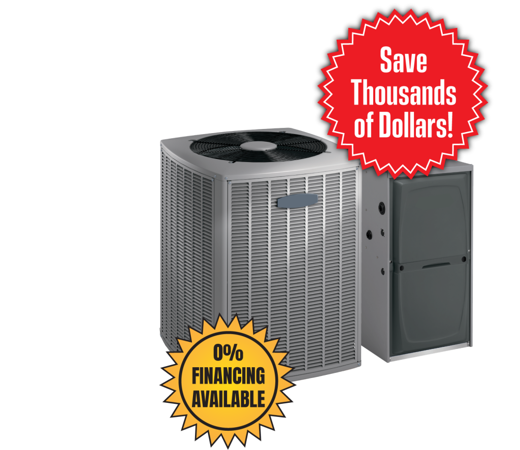 Modern air conditioning unit and furnace on a platform, promoting HVAC solutions from Cardinal Heating & Cooling.