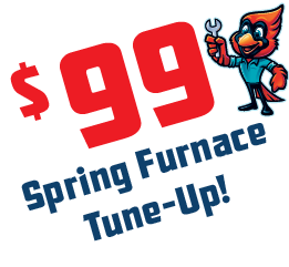 Cartoon bird holding a wrench promoting spring furnace tune-up by Cardinal Heating, Cooling, Plumbing & Electric.