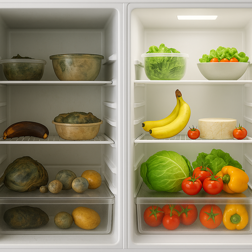 Refrigerator interior showcasing spoiled food items and fresh produce, emphasizing the importance of power during outages for food preservation and family safety.