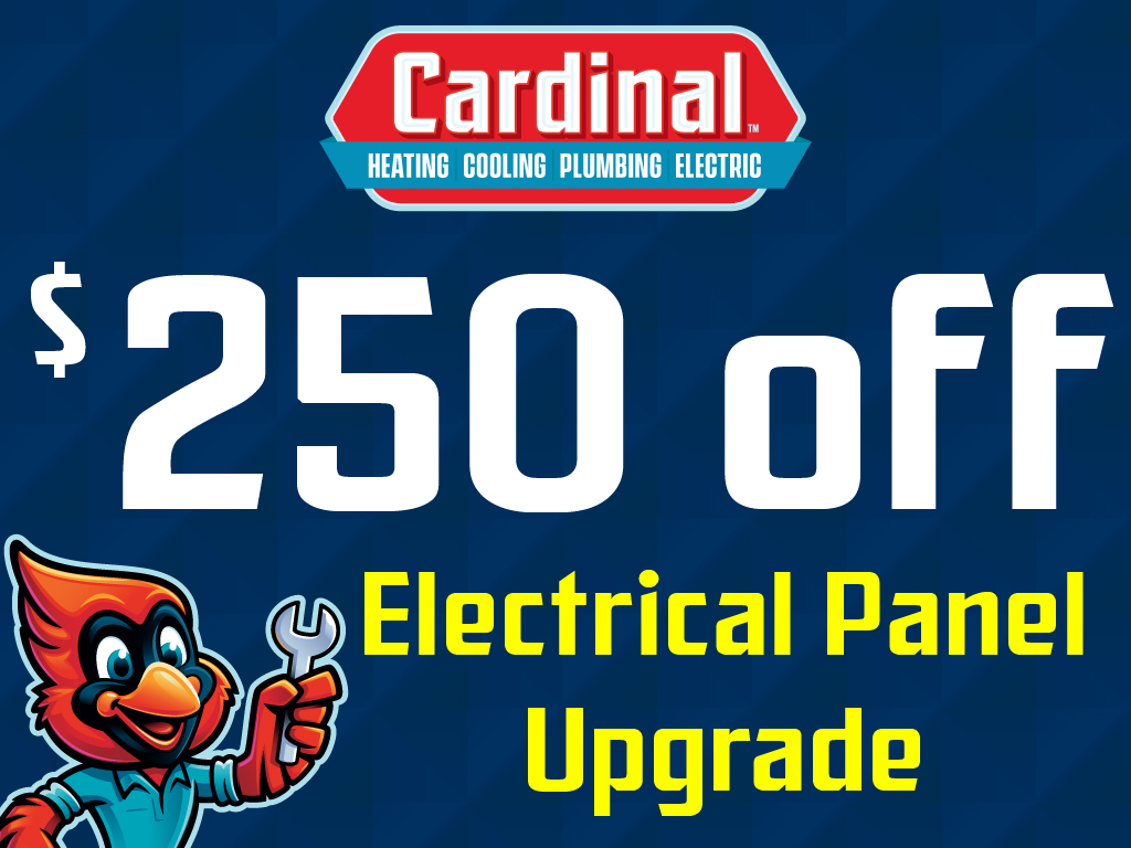 0 off electrical panel upgrade promotion by Cardinal Heating, Cooling, Plumbing & Electric featuring a cartoon cardinal mascot holding a wrench.