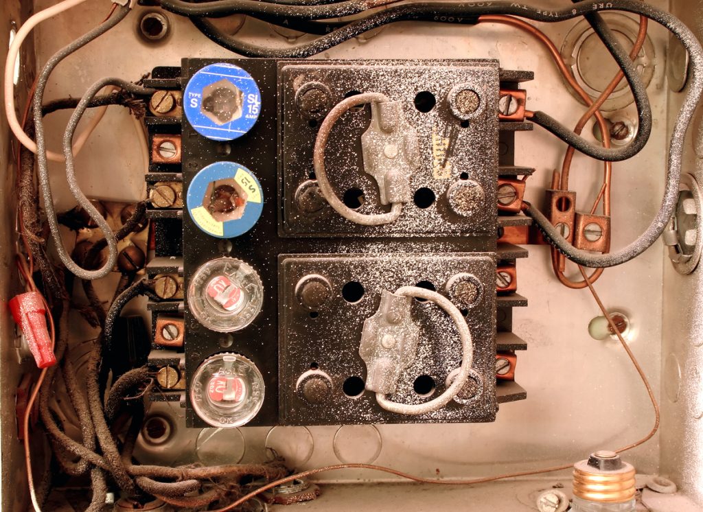 Electrical panel with circuit breakers and wires, showing signs of dust and wear, relevant to identifying aging electrical systems in homes.